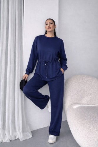 Kadın Uzun Kollu Bisiklet Yaka Belden Büzgülü Bağcıklı Viskon Iki Iplik Bluz Ve Pantolon Ikili Takım , 30429