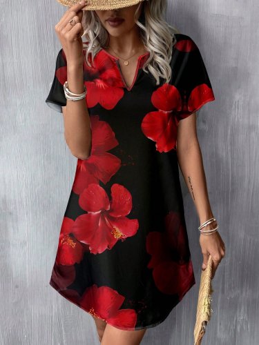 Kadın Kısa Yarasa Kollu V Yakalı çiçek Desenli Süprem Kısa Elbise , 31025