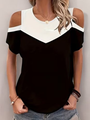 Kadın Kısa Kollu Yuvarlak Yaka çift Renkli Viskon Bluz, 31030