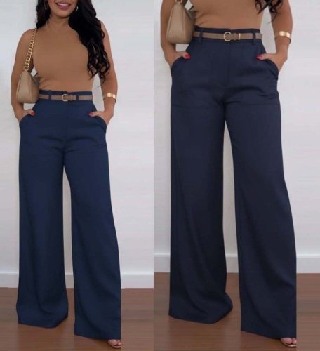 Kadın Yüksek Bel Geniş Paça Detaylı Cepli Ithal Krep Pantolon , 31066