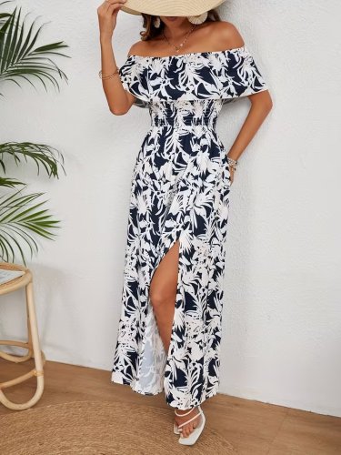 Kadın Omuzlardan Açık Madonna Yaka çiçek Desenli Yırtmaçlı Uzun Süprem Elbise , 31087