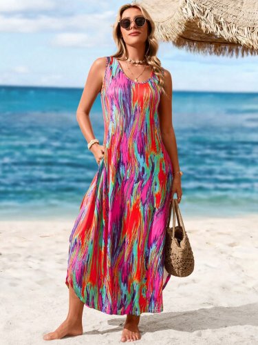 Kadın Askılı Yuvarlak Yakalı Cepli Uzun Desenli Süprem Elbise, 31108