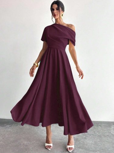 Kadın Omuzdan Açık Kısa Kollu Omuzdan Pileli Uzun Janjan Krep Elbise, 31120