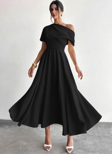 Kadın Omuzdan Açık Kısa Kollu Omuzdan Pileli Uzun Janjan Krep Elbise, 31121