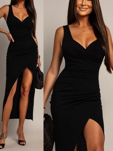 Kadın Askılı Kruvaze Yakalı önden Asimetrik Kesim Detaylı Uzun Ithal Elbise, 31126