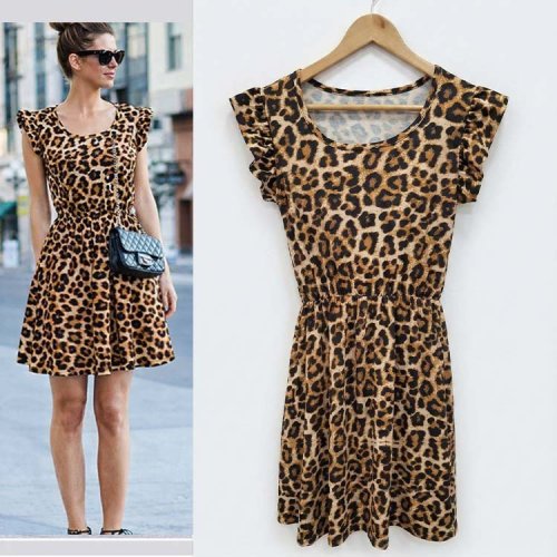 Kadın Kısa Fırfır Kollu Yakası Açık Leopar Desenli Kısa Kiloş Süprem Elbise, 31154