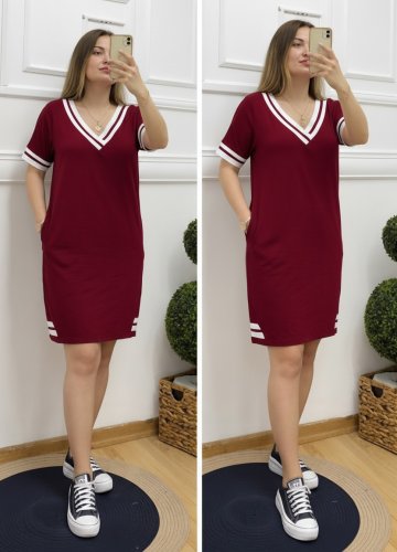 Kadın Kısa Kollu V Yaka Ribana Detaylı Cepli Dizüstü Viskon Elbise, 31196