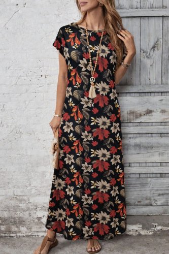 Kadın Kısa Kollu Bisiklet Yaka çiçek Desenli Uzun Süprem Elbise , 31168