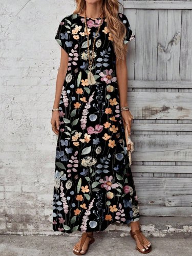 Kadın Kısa Kollu Bisiklet Yaka çiçek Desenli Uzun Süprem Elbise , 31170