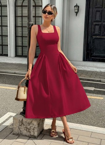 Kadın Askılı Kare Yakalı Uzun Ithal Krep Elbise, 31281