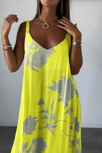 Kadın Askılı Geniş V Yakalı Desenli Yırtmaçlı Süprem Uzun Elbise, 31287