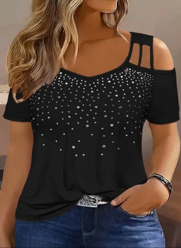 Kadın Kısa Kollu Omuzlardan Açık Taşlı Viskon Bluz, 31306