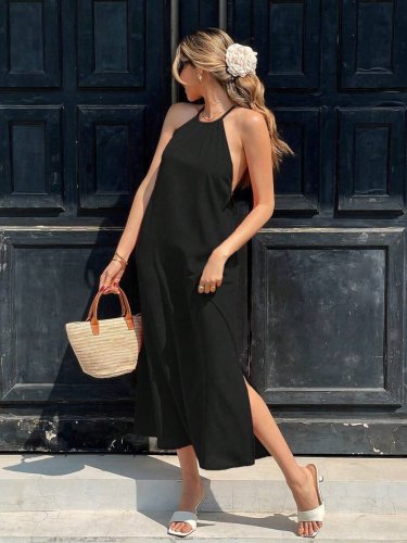 Kadın Omuzlardan Açık Boyundan Bağlamalı Arkası çapraz Detaylı Uzun Viskon Elbise , 31335