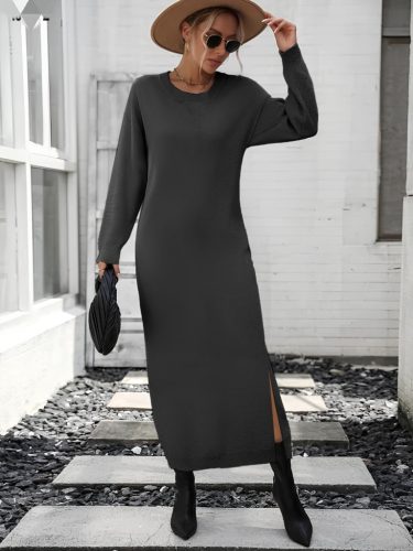 Kadın Uzun Kollu Bisiklet Yaka Yırtmaç Detay Triko Midi Boy Elbise, 19943