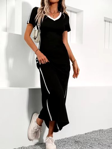 Kadın Kısa Kollu V Yakalı Yan şerit Detaylı Viskon Uzun Elbise , 31389