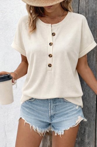 Kadın Kısa Kollu Yakası Açık önden Düğmeli Waffle Bluz, 31426