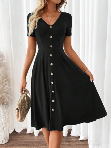 Kadın Kısa Kollu V Yakalı önden Düğmeli Kısa Kiloş Viskon Elbise , 31434