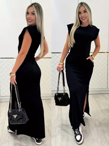 Kadın Kısa Kollu Vatkalı Cep Detaylı Yırtmaçlı Viskon Uzun Elbise, 31499