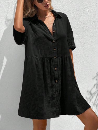 Kadın Kısa Kollu Yakalı önden Düğmeli Kısa Bürümcük Elbise, 31542