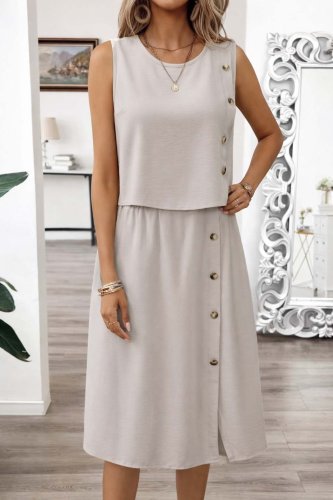 Kadın Kolsuz Yuvarlak Yakalı Düğmeli Aerobin Bluz Ve Midi Etek Ikili Takım , 31649