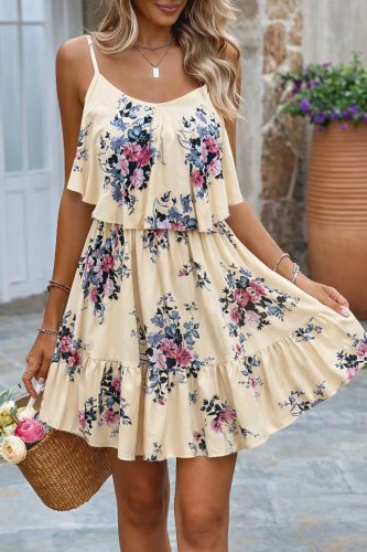 Kadın Askılı V Yakalı çiçek Desenli Mini Süprem Elbise , 31687