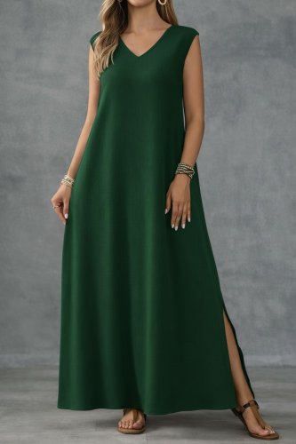 Kadın Askılı V Yakalı Yandan Yırtmaçlı Uzun Bürümcük Elbise, 31719