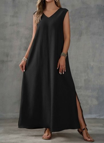 Kadın Askılı V Yakalı Yandan Yırtmaçlı Uzun Bürümcük Elbise, 31720