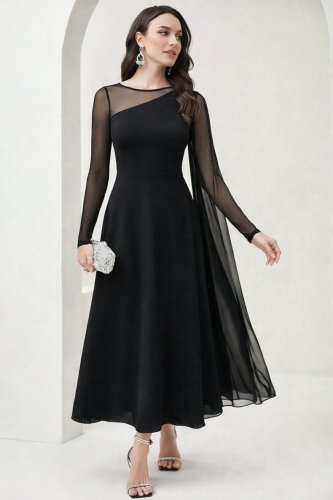 Kadın Uzun Kollu Yarı Balıkçı Yaka Tül Detaylı Uzun Sandy Elbise , 33622