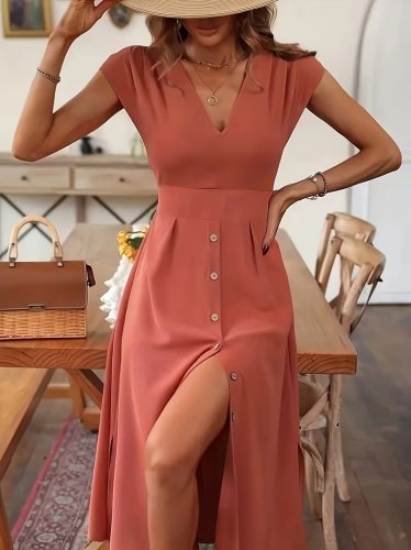 Kadın Kısa Kollu V Yakalı önden Düğmeli Midi Dokuma Viskon Elbise , 31780