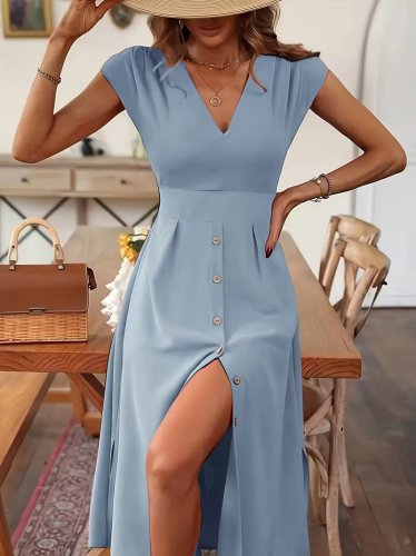 Kadın Kısa Kollu V Yakalı önden Düğmeli Midi Dokuma Viskon Elbise , 31781