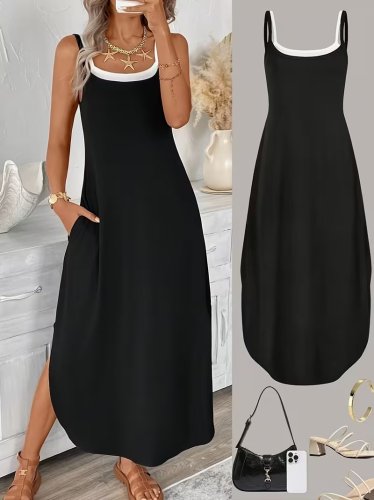 Kadın Ip Askılı Yuvarlak Yakalı Cepli Uzun Viskon Elbise , 31840