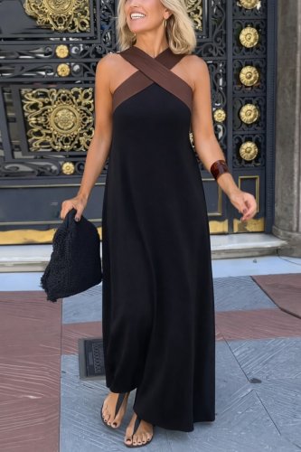 Kadın önden çapraz Detaylı Iki Renkli Uzun Viskon Elbise , 31848