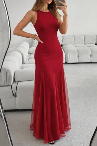 Kadın Askılı Bisiklet Yaka Etek Ucu Tül Detaylı Asimetrik Kiloş Uzun Ithal Krep Elbise , 31864