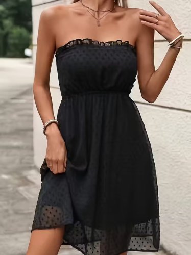 Kadın Omuzlardan Açık Madonna Yaka Kısa Ponponlu şifon Elbise , 31895