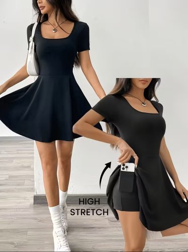 Kadın Kısa Kollu Kare Yakalı Cep Detaylı Dalgıç Elbise Tulum, 31914