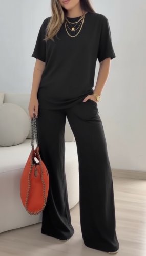 Kadın Kısa Kollu Bisiklet Yaka Viskon Iki Iplik Bluz Ve Pantolon Ikili Takım , 31919