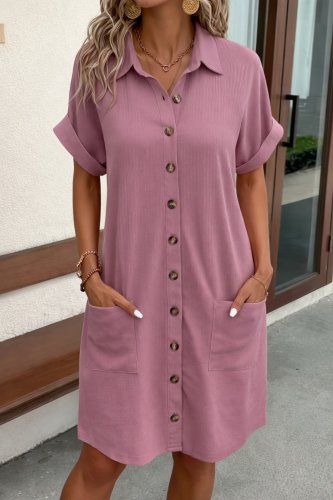 Kadın Kısa Kollu önden Düğmeli Cep Detaylı Mini Bürümcük Elbise , 31928