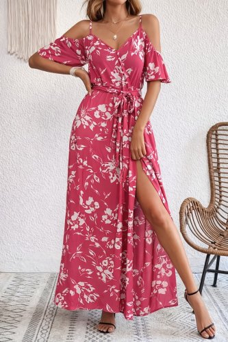 Kadın Ip Askılı Kısa Kollu Kruvaze Yakalı Yırtmaçlı Desenli Süprem Elbise, 31942