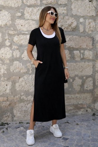 Kadın Kısa Kollu Içi Atlet Görünümlü Yandan Yırtmaçlı Uzun Viskon Elbise , 33409