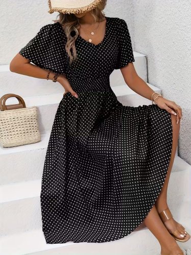 Kadın Kısa Kollu V Yakalı Beli Lastikli Midi Süprem Elbise , 32083
