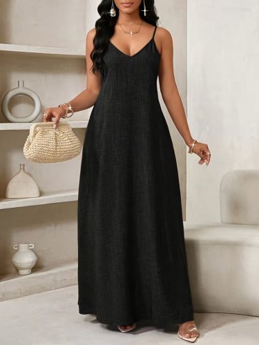 Kadın Ip Askılı V Yakalı Cep Detaylı Uzun Elbise , 32094