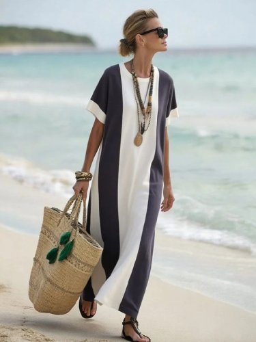 Kadın Kısa Kollu Bisiklet Yaka Uzun Süprem Elbise , 32112