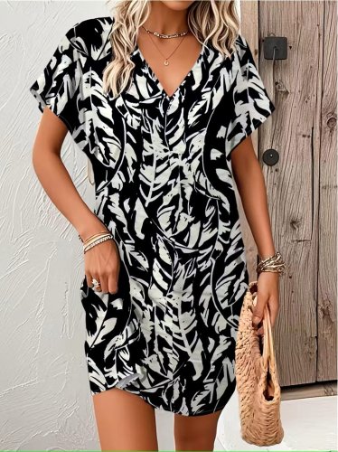 Kadın Kısa Yarasa Kollu V Yakalı Desenli Süprem Kısa Elbise , 32152