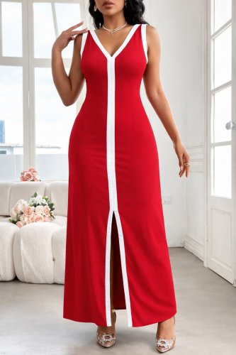 Kadın Askılı Derin V Yakalı Yırtmaç Detaylı Uzun Viskon Elbise , 32157