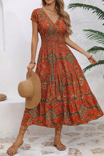 Kadın Kısa Kollu V Yakalı Beli Lastikli Uzun Süprem Elbise , 32213