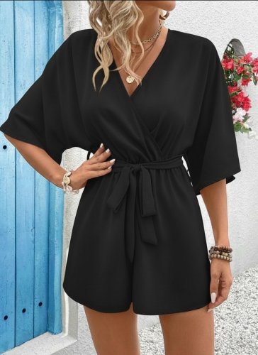 Kadın Kısa Kollu Kruvaze Yaka Belden Kuşaklı Kısa Aerobin Tulum , 32247