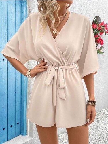 Kadın Kısa Kollu Kruvaze Yaka Belden Kuşaklı Kısa Aerobin Tulum , 32249