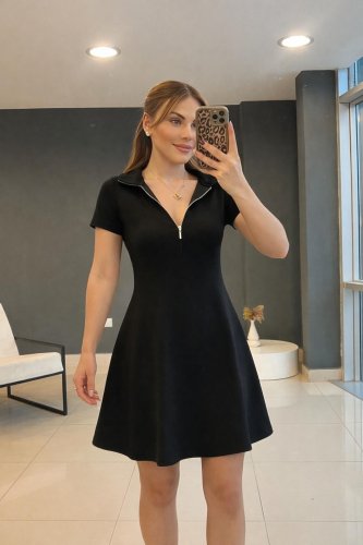 Kadın Kısa Kollu Yakası Fermuarlı Kısa Viskon Iki Iplik Elbise , 33037