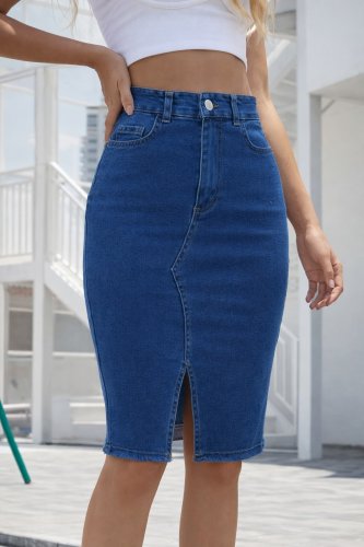 Kadın Yüksek Bel önden Yırtmaçlı Kısa Kot Etek, 32263