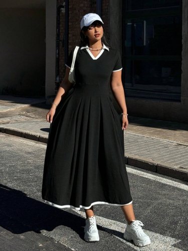 Kadın Kısa Kollu V Yakalı Pileli Uzun Janjan Krep Elbise , 32818